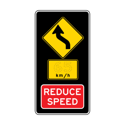 Reverse Curve Left Reduce Speed Warning Sign