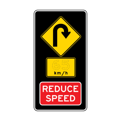 Hairpin Curve Right Reduce Speed Warning Sign
